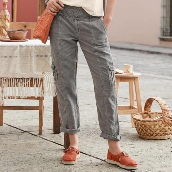 Sundance More Than Cargo Gray Linen Cotton Embroidered Boho Utility Pants - Picture 1 of 8